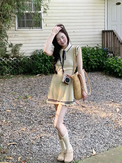 College navy style small flying sleeves knitted lace-up dress for women in summer with small waist and slimming sweet short skirt