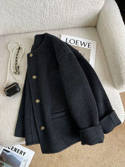 Black double-sided woolen woolen coat for women short style 2024 autumn and winter high-end Korean style small fragrance style woolen coat