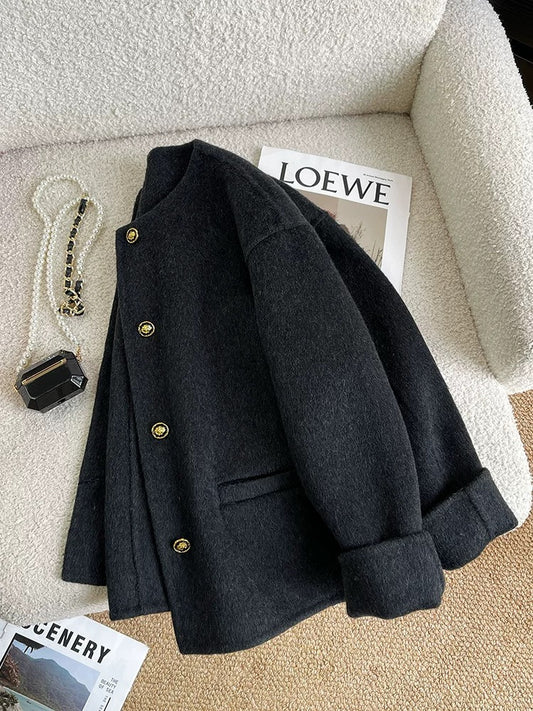 Black double-sided woolen woolen coat for women short style 2024 autumn and winter high-end Korean style small fragrance style woolen coat
