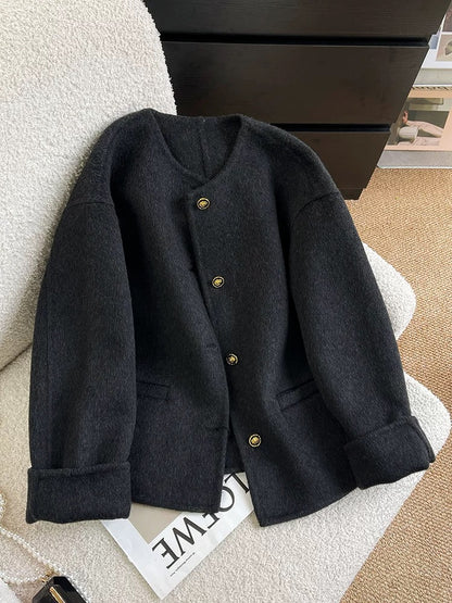 Black double-sided woolen woolen coat for women short style 2024 autumn and winter high-end Korean style small fragrance style woolen coat