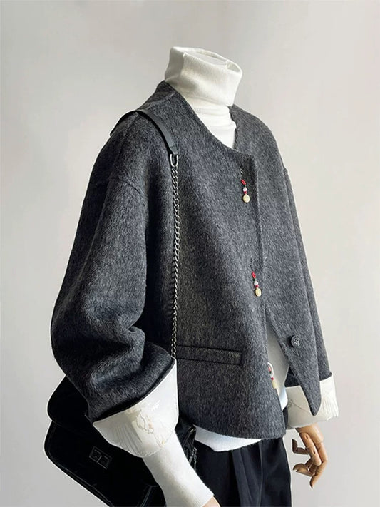 New Chinese style carbon black small fragrance short woolen coat for women 2024 early winter new loose double-sided wool coat