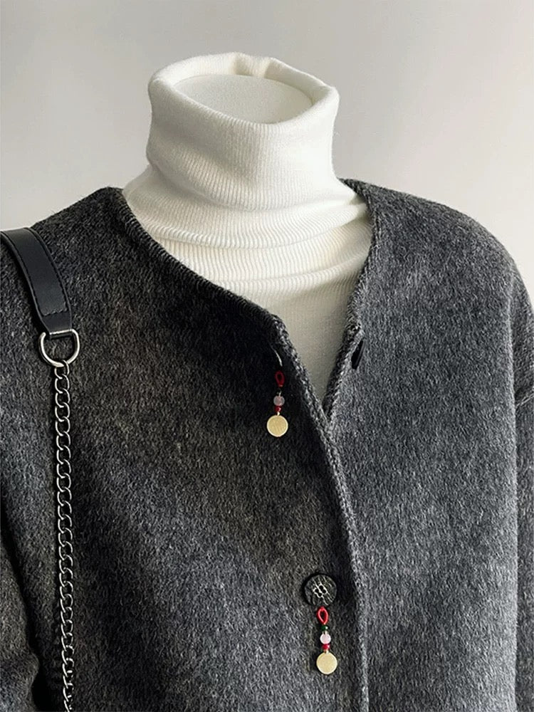 New Chinese style carbon black small fragrance short woolen coat for women 2024 early winter new loose double-sided wool coat