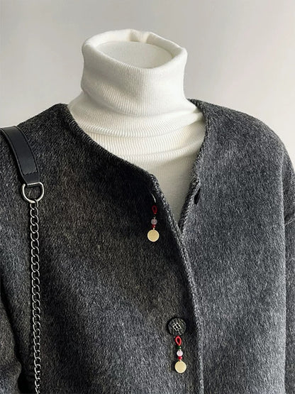 New Chinese style carbon black small fragrance short woolen coat for women 2024 early winter new loose double-sided wool coat