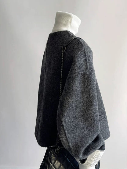 New Chinese style carbon black small fragrance short woolen coat for women 2024 early winter new loose double-sided wool coat