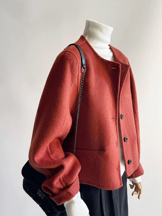 Red double-sided woolen woolen coat for women, short style, 2024 autumn and winter, high-end, super good-looking, animal year woolen coat
