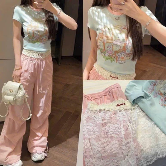 【mimius】P Sweet and age-reducing contrasting color cute printed long pants (including lace base) G05349