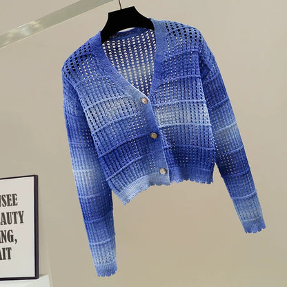 Fashion hollow design V-neck single-breasted contrast striped short knitted cardigan for women with petite slightly transparent tops