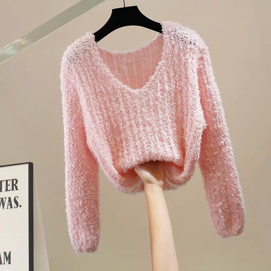 Fashion heavy-duty bright silk plush pullover short soft waxy long-sleeved round neck sweater fashion loose wool top trend