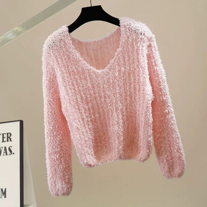 Fashion heavy-duty bright silk plush pullover short soft waxy long-sleeved round neck sweater fashion loose wool top trend