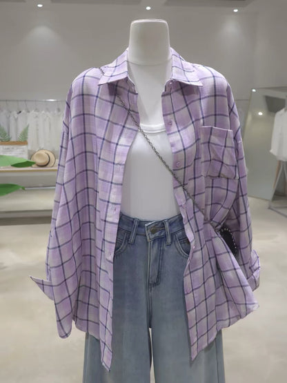 Korean-style soft, breathable, double-layered plaid cotton shirt for women—loose, mid-length, hip-covering, and long-sleeved (Summer 2026).