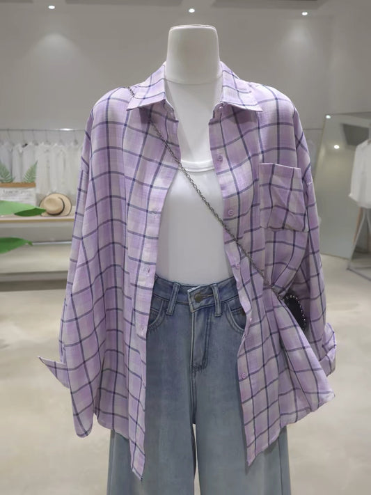 Korean-style soft, breathable, double-layered plaid cotton shirt for women—loose, mid-length, hip-covering, and long-sleeved (Summer 2026).