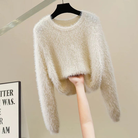 New fashion heavy-duty small sequin furry decoration round neck pullover sweater design all-match temperament top trend