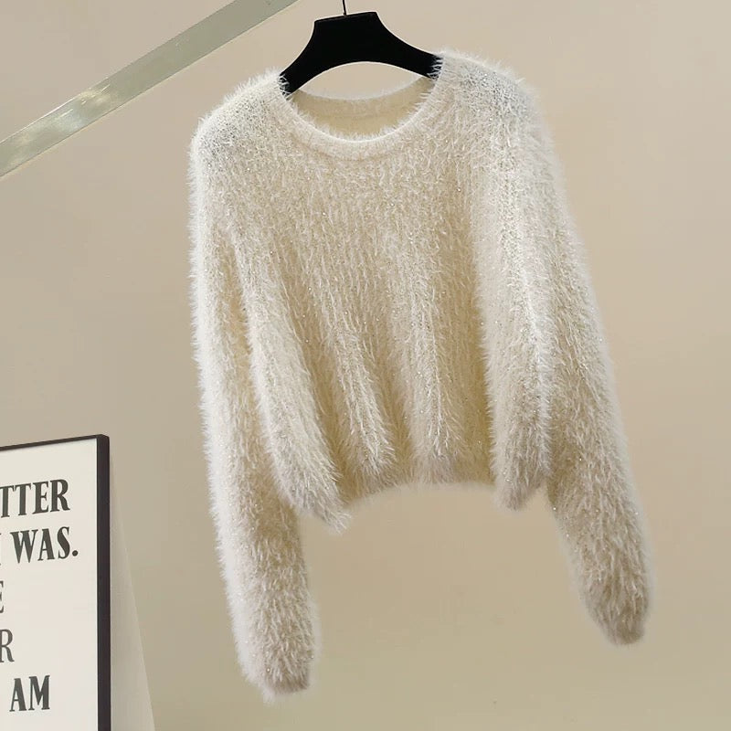 New fashion heavy-duty small sequin furry decoration round neck pullover sweater design all-match temperament top trend
