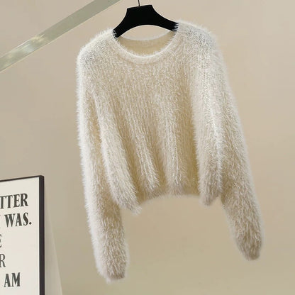 New fashion heavy-duty small sequin furry decoration round neck pullover sweater design all-match temperament top trend