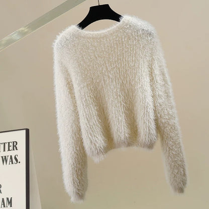 New fashion heavy-duty small sequin furry decoration round neck pullover sweater design all-match temperament top trend