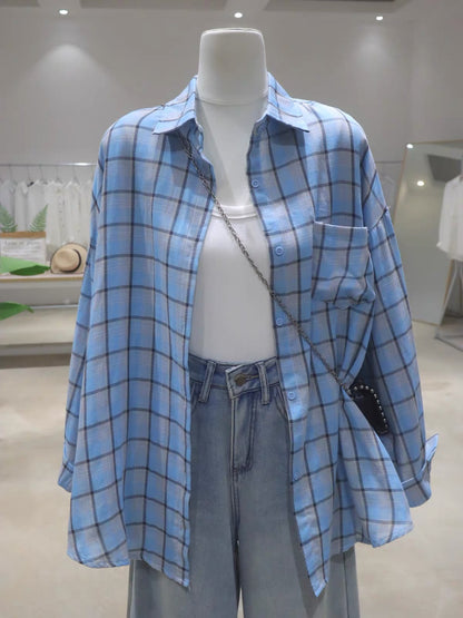 Korean-style soft, breathable, double-layered plaid cotton shirt for women—loose, mid-length, hip-covering, and long-sleeved (Summer 2026).