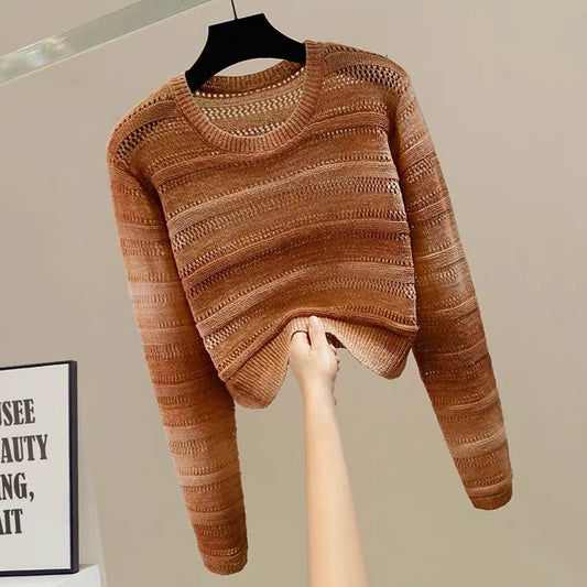 Fashion hollow design round neck pullover contrast color striped short knit sweater for women, slightly transparent and versatile tops for petite girls