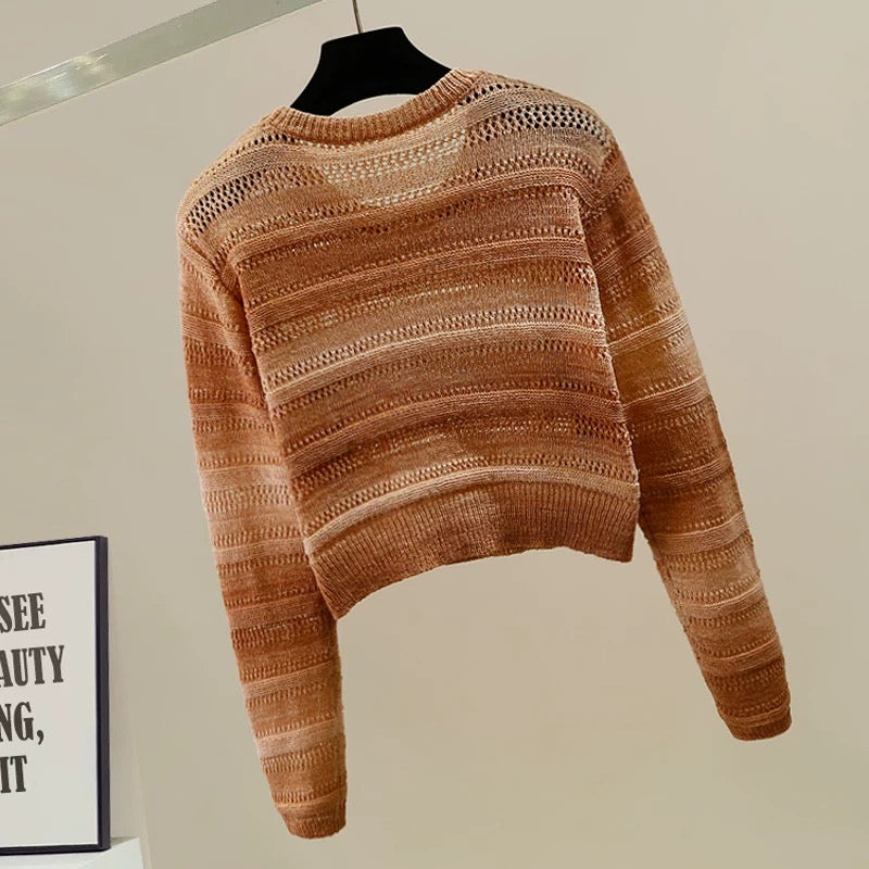 Fashion hollow design round neck pullover contrast color striped short knit sweater for women, slightly transparent and versatile tops for petite girls