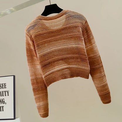 Fashion hollow design round neck pullover contrast color striped short knit sweater for women, slightly transparent and versatile tops for petite girls