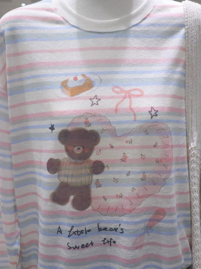 Women's Summer Breathable Lightweight Striped Sun-Protection T-Shirt – Loose, Slimming Cotton-Linen Long-Sleeve Top with Cute Bear Graphic (Youthful Style)
