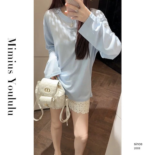 【mimius】Yoululu Heavy Industry Hot Diamond Loose Casual Letter Long Sleeve T-shirt Top G05508