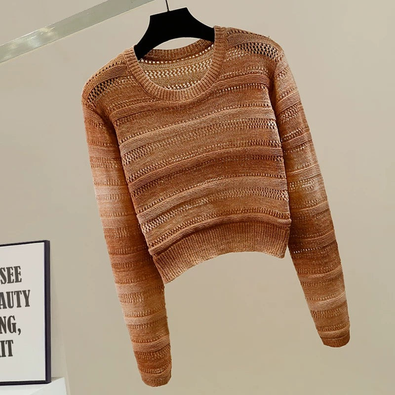 Fashion hollow design round neck pullover contrast color striped short knit sweater for women, slightly transparent and versatile tops for petite girls