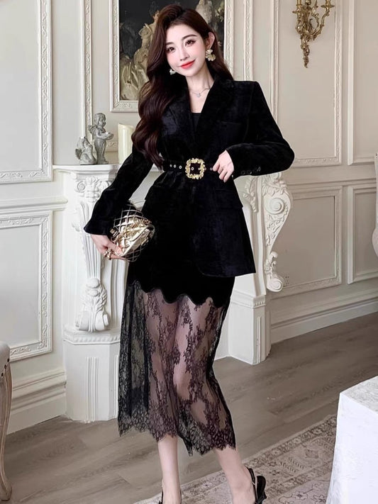 Shenzhen Nanyou high-end women's niche designer heroine velvet suit jacket lace splicing skirt suit