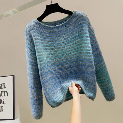 Fashion bright silk design one-shoulder pullover contrast color striped long-sleeved sweater for women new loose versatile temperament top