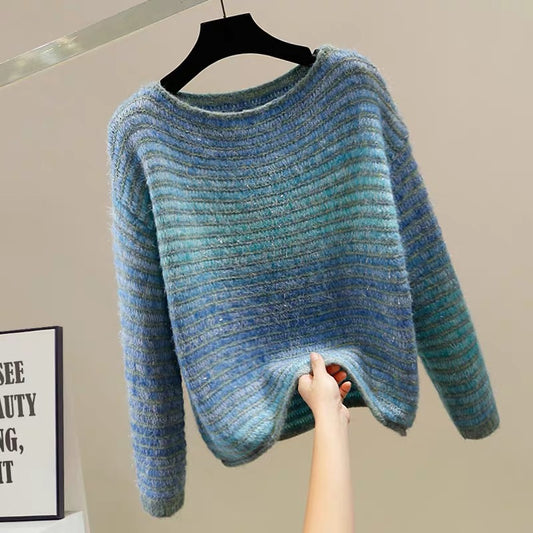 Fashion bright silk design one-shoulder pullover contrast color striped long-sleeved sweater for women new loose versatile temperament top