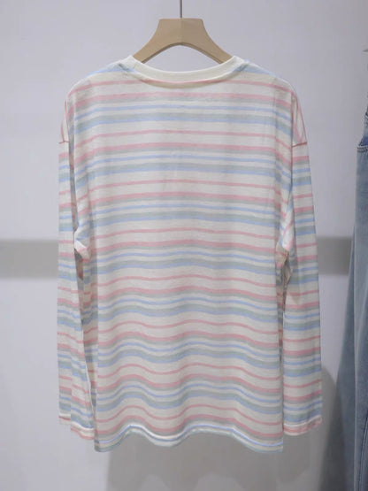 Women's Summer Breathable Lightweight Striped Sun-Protection T-Shirt – Loose, Slimming Cotton-Linen Long-Sleeve Top with Cute Bear Graphic (Youthful Style)