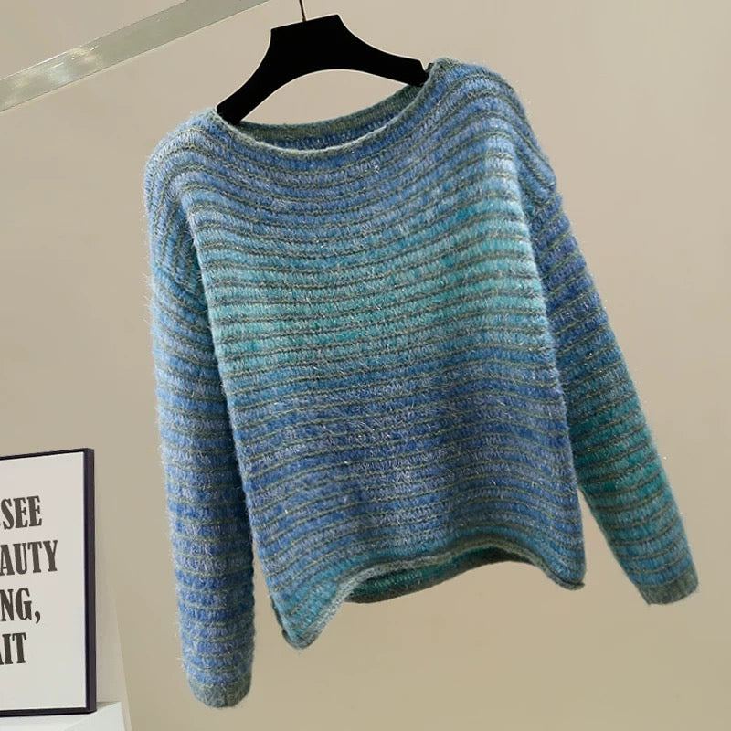 Fashion bright silk design one-shoulder pullover contrast color striped long-sleeved sweater for women new loose versatile temperament top
