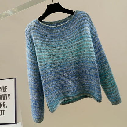 Fashion bright silk design one-shoulder pullover contrast color striped long-sleeved sweater for women new loose versatile temperament top