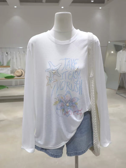 Women's Lightweight, Breathable, and Comfortable Pure Cotton Long-Sleeve Sun-Protection T-Shirt – Loose, Slimming Fit with Floral & Starfish Print (Summer 2026)