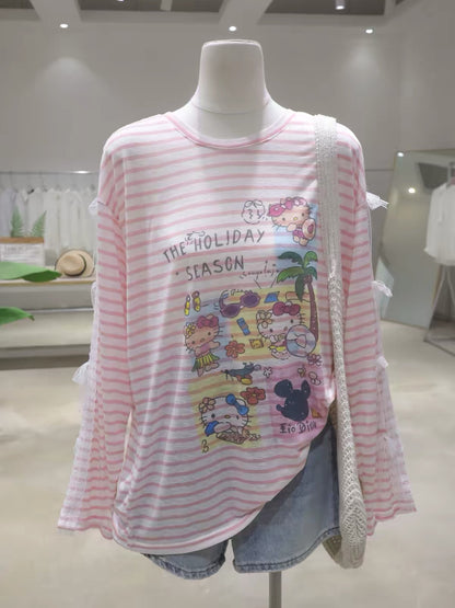 Women's Summer Loose Striped Long-Sleeve Sun-Protection T-Shirt featuring a youthful cartoon Hello Kitty design and lace-trimmed bow sleeves (2026 Collection).