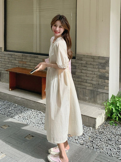 Off-white dress women's summer 2024 new French style fresh and sweet literary forest girl relaxed shirt long skirt