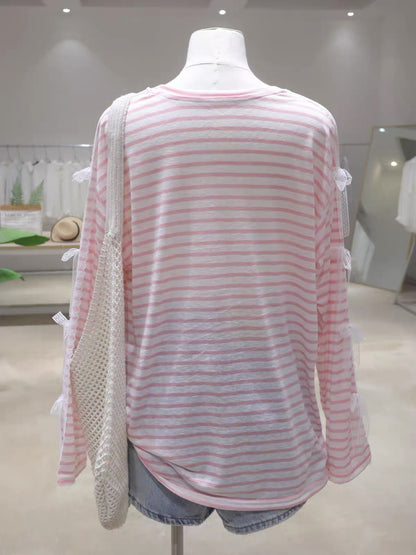 Women's Summer Loose Striped Long-Sleeve Sun-Protection T-Shirt featuring a youthful cartoon Hello Kitty design and lace-trimmed bow sleeves (2026 Collection).