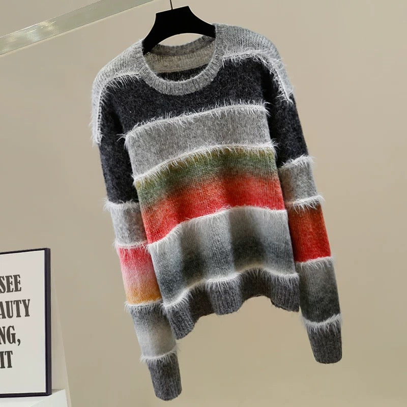 Fashionable contrast color striped fur design round neck pullover long sleeve knitted sweater for women loose versatile temperament top