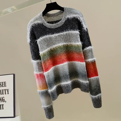Fashionable contrast color striped fur design round neck pullover long sleeve knitted sweater for women loose versatile temperament top