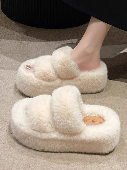 2024 Spring and Autumn New Style Small Thick-soled Pancake Thick-soled Height-increasing Plush Cotton Slippers for Women to Wear at Home Furry Shoes