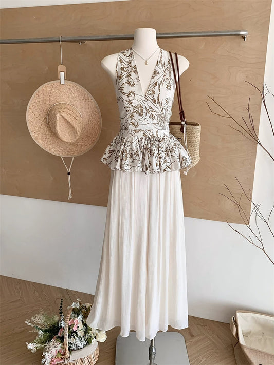 French design halter neck printed camisole for women elastic waist high waist age-reducing slimming wide-leg skirt pants two-piece set