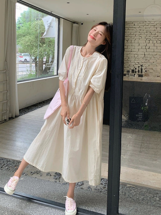 Off-white dress women's summer 2024 new French style fresh and sweet literary forest girl relaxed shirt long skirt