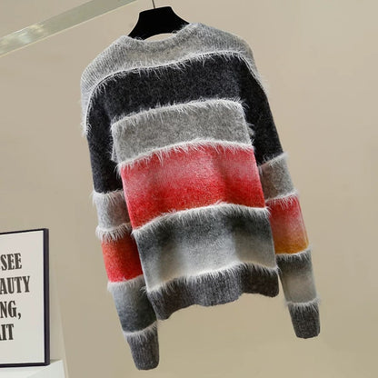 Fashionable contrast color striped fur design round neck pullover long sleeve knitted sweater for women loose versatile temperament top