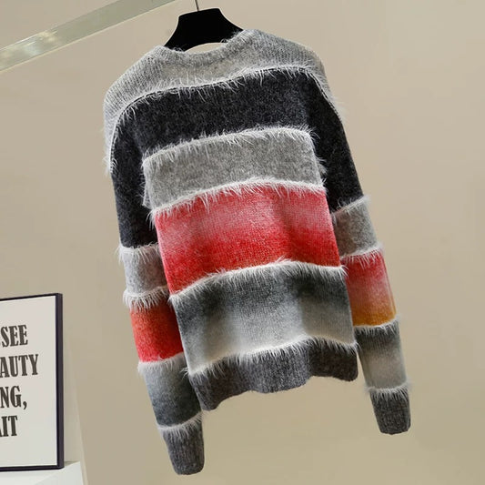 Fashionable contrast color striped fur design round neck pullover long sleeve knitted sweater for women loose versatile temperament top