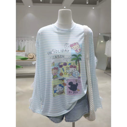 Women's Summer Loose Striped Long-Sleeve Sun-Protection T-Shirt featuring a youthful cartoon Hello Kitty design and lace-trimmed bow sleeves (2026 Collection).