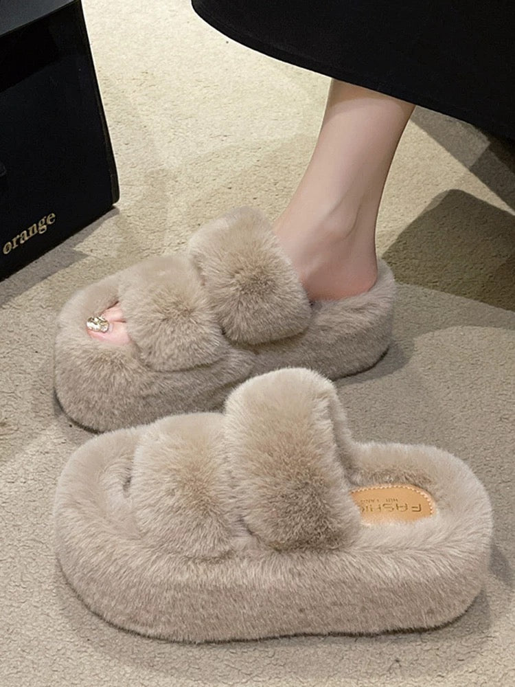 2024 Spring and Autumn New Style Small Thick-soled Pancake Thick-soled Height-increasing Plush Cotton Slippers for Women to Wear at Home Furry Shoes