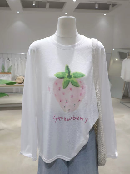 Women's Lightweight, Breathable Pure Cotton Long-Sleeve Sun-Protection T-Shirt – Loose, Slimming, Versatile Style with Strawberry Print & Beading Detail (Summer 2026)