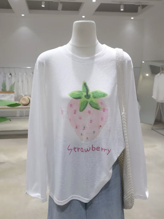 Women's Lightweight, Breathable Pure Cotton Long-Sleeve Sun-Protection T-Shirt – Loose, Slimming, Versatile Style with Strawberry Print & Beading Detail (Summer 2026)