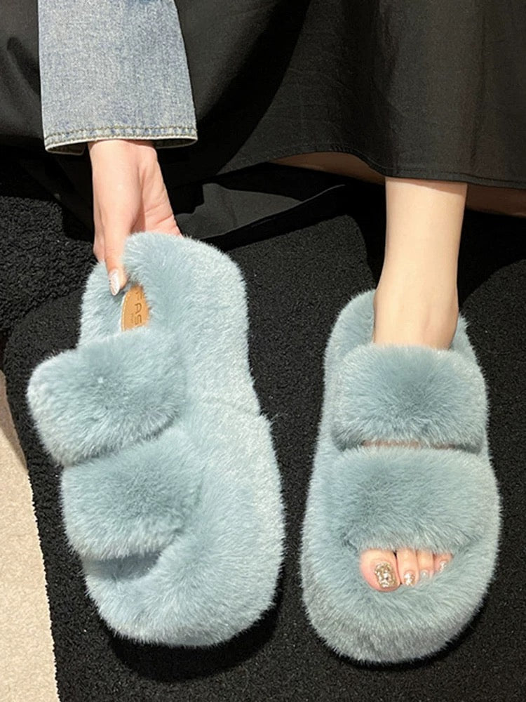 2024 Spring and Autumn New Style Small Thick-soled Pancake Thick-soled Height-increasing Plush Cotton Slippers for Women to Wear at Home Furry Shoes
