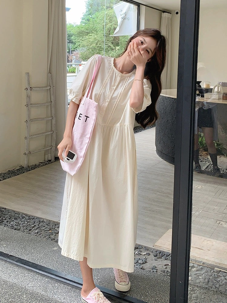 Off-white dress women's summer 2024 new French style fresh and sweet literary forest girl relaxed shirt long skirt