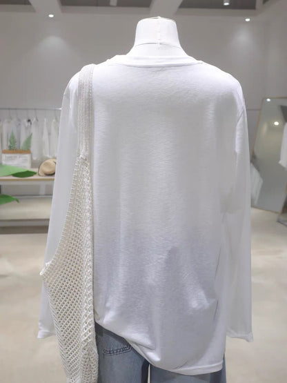 Women's Lightweight, Breathable Pure Cotton Long-Sleeve Sun-Protection T-Shirt – Loose, Slimming, Versatile Style with Strawberry Print & Beading Detail (Summer 2026)